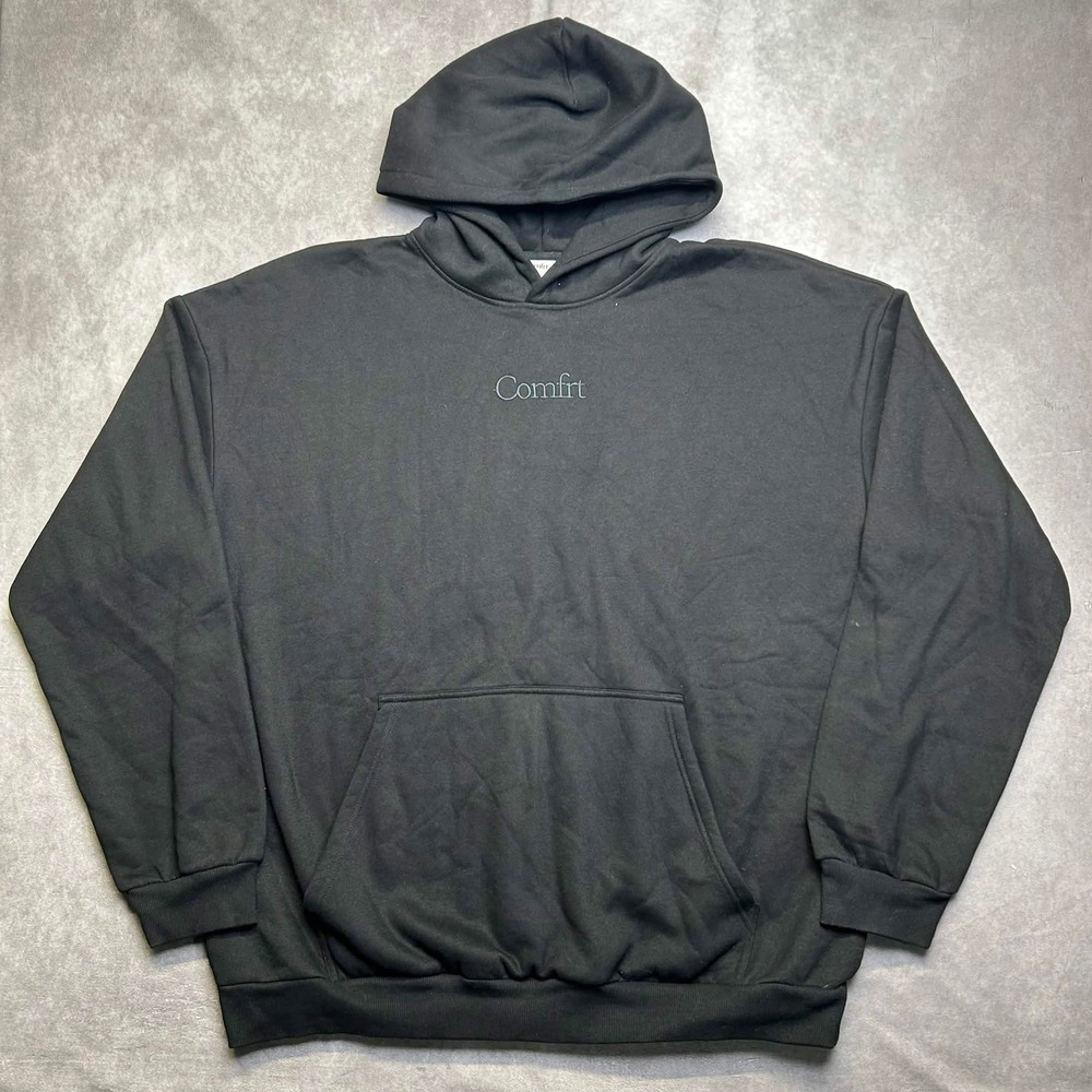 Comfrt Oversized Fleece Hoodie Black Embroidered Logo Pullover 3XL